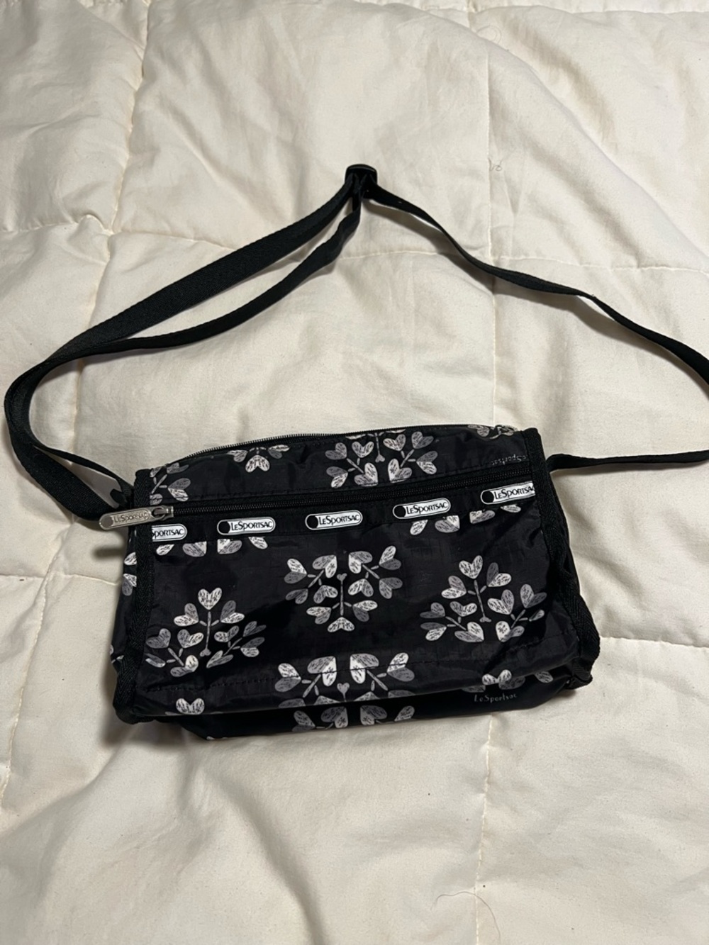 LeSportsac Black and White Floral Crossbody Shoulder Bag